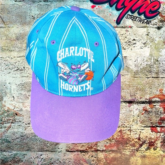 Vintage Rare NBA Charlotte Hornets Pinstripe Two Tone Starter Snapback Hat - Picture 1 of 7